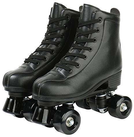 XUDREZ Roller Skates, Double Row Skates, Adjustable Leather High-top, Perfect Indoor Outdoor, Adult, Black Wheel, Women's 8.5 / Men's 7