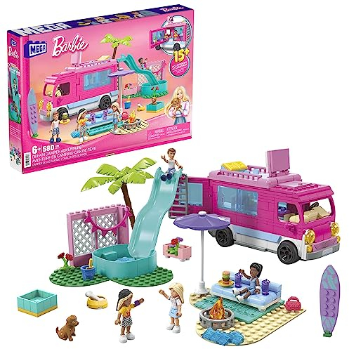 MEGA Construx Barbie Kids Building Toy Set, Dream Camper Adventure with 580 Pieces, 4 Micro-Dolls, Barbie Pets and Accessories, Pink, Ages 6+ Years, HPN80