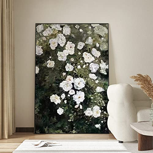 LCDIUDIU Ölbilder Auf Leinwand Handgemalt, Vintage Weiße Rose Blume Büsche Blatt Abstrakte Kunst Moderne Kunstwerke Rahmenlose Handgemalte Ölgemälde Auf Leinwand Wandkunst Für Wohnzimmer Schlafzimmer
