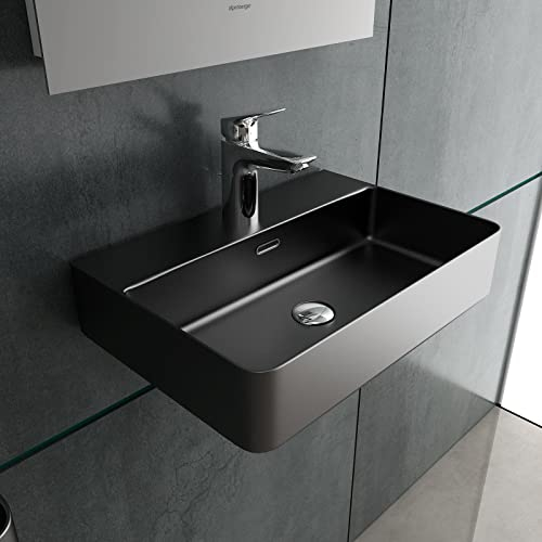Alpenberger Waschbecken Schwarz | Waschtisch 60 cm Breit | Hängewaschbecken oder Aufsatzwaschtisch | Aufsatzwaschbecken Eckig mit Nano | Moderne Waschplätze | Handwaschbecken fürs Bad & Gäste WC