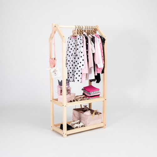 Sweet Home FROM WOOD Kinder garderobe, Montessori garderobe, Kkleiderhaken kinder, Kleiderständer, Kinder-Garderobe mit Staufach, Garderobenständer, Kleiderständer für Kinderzimmer (Kiefernholz)