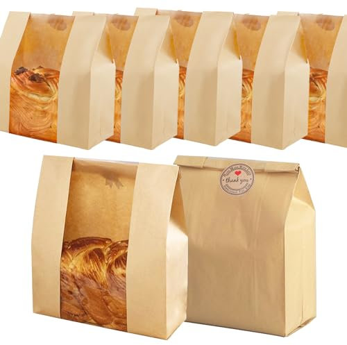 Pack of 35 Paper Bread Bags for Homemade Bread, Paper Bakery Bag for Baked Food Packaging Storage, Large Kraft Paper Bread Loaf Bag with Window Label Seal Sticker included Pack of 35,12.5x8.3x4 Inches