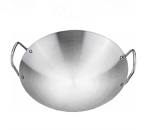 OQHAIR Freír Antiadherente para Wok de Acero Inoxidable no magnético 201 de Doble Oreja Comercial, Pulido, 30 cm 70 cm Conducción de Calor rápida Sin Recubrimiento Wok Chino fácil de Limp
