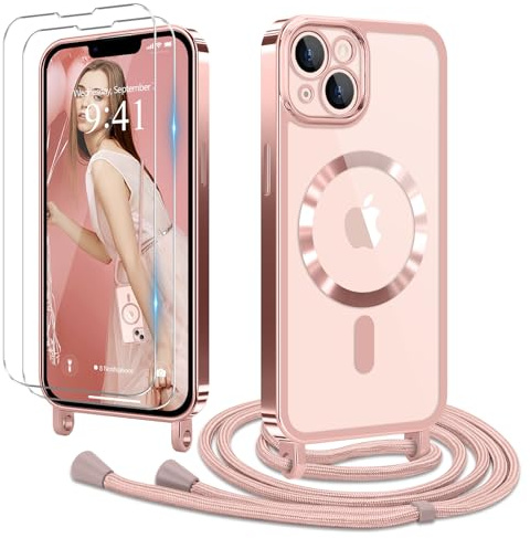 Ethanger für iPhone 13 iPhone 14 Hülle mit Band + 2 Schutzfolie, Rosa | Handyband Transparent Silikon Handyhülle, Magnetische Schutzhülle Case zum Umhängen Kordel