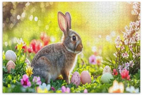 Osterhase mit Eiern und Blumen Puzzle 1000 Teile für Erwachsene Wunderbare Puzzle Geschenke für Frauen Männer Lustiges Puzzle, Fertige Größe 29,5 x 19,7 Zoll