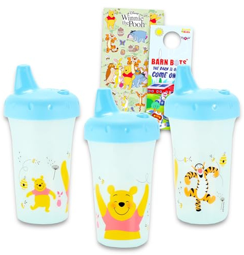 Disney Winnie Puuh Schnabeltassen-Set für Kinder, Set mit 2 Pooh-Bären, auslaufsicher, Schnabeltassen und Aufklebern für Kleinkinder