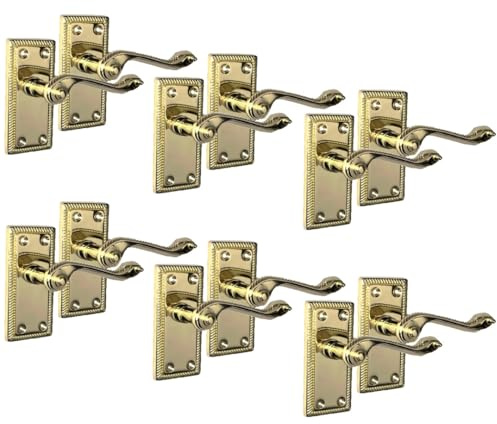 Epsom Door Handle Georgian Scroll Brass Door Handle Set – Internal Lever Handles with Backplate (108mm x 48mm) – Classic Polished Brass-Plated Finish – 6 Pairs