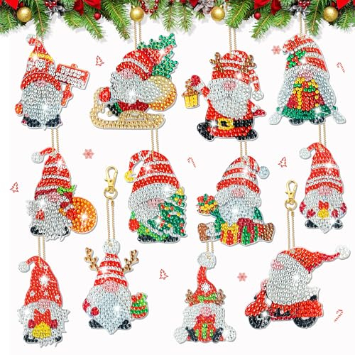 YMIFEEY Diamond Painting Weihnachten Anhänger Set, 12 Stück Wichtel Diamond Painting Schlüsselanhänger Beidseitig, DIY 5D Diamant Painting Weihnchtswichtel Geschenkanhänger Weihnachtsbaumanhänger