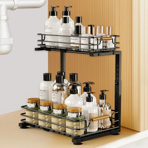 JYPS Organizador Bajo Fregadero Cocina, 2 Niveles Extraible Organizador Armario Fregadero, 5 Altura Regulable Estantería bajo Fregadero, Organizador Productos Limpieza para Baño, Lavandería (Negro)
