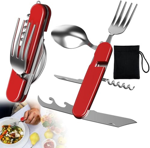 Qaestuan Cubiertos Plegables 6 en 1, Juego de Utensilios para Acampar con Bolsa de Almacenamiento, Cubiertos de Viaje Desmontables Multiusos, para Senderismo, Viajes, Picnic, Camping (Rojo)