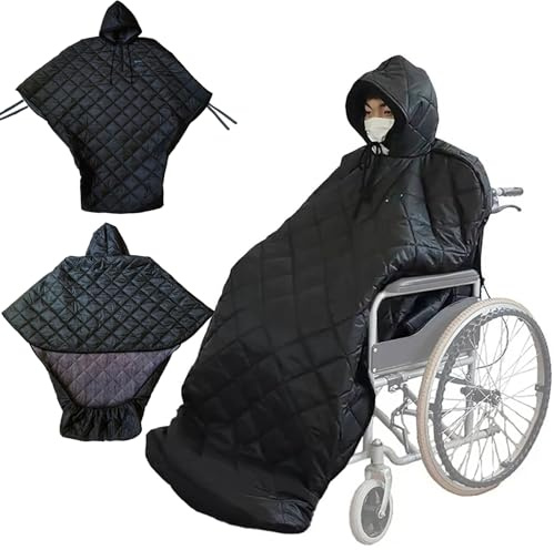 MREGLHUI Waterproof Windproof Winter Wheelchair Full Body Warm Blanket, Fleece Lined Wheelchair Cosy Cover with Hood Rain Coat Poncho Cover for Adults Wheelchair Body Protection Blanket,Black,Large