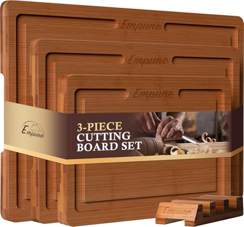 Empune Bamboo Cutting Board Set, Wood Cutting Boards for Kitchen with Holder Wooden Chopping Board for Meal Prep & Serving, Brown