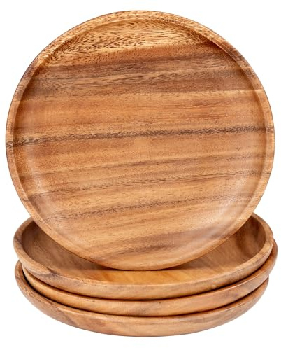 levandeo Lot de 4 assiettes rondes en bois d'acacia - Diamètre : 20 cm - Assiettes décoratives en bois d'acacia - Fabriquées à la main - Décoration de table unique