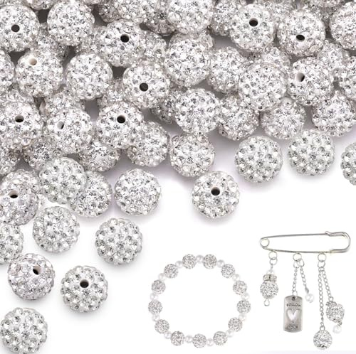 10mm Glitzerperlen zum Auffädeln 100 Disco Ball Perlen zum Auffädeln Geeignet für Armbänder Halsketten Ohrringe Schlüsselanhänger Anstecknadeln Haarschmuck und Andere Schmuckherstellung(Weiß)