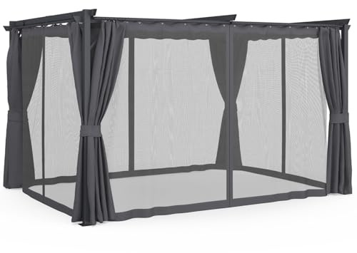 IDMarket - Pergola édition intégrale moustiquaire Toit rétractable 3x4M et 4 Rideaux Gris