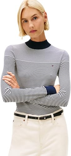 Tommy Hilfiger Camiseta de Manga Larga Mujer Jersey Fine con Cuello Medio, Multicolor (Bretton Stripe Dark Night Navy), S