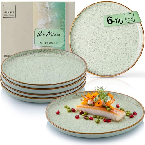 SÄNGER Rio Minze Teller Set 6 Personen, 6x Speiseteller Set | aus Steingut, Dinner Set kratz- mikrowellen- spülmaschinenfest, Steingut Teller Essteller mintgrün
