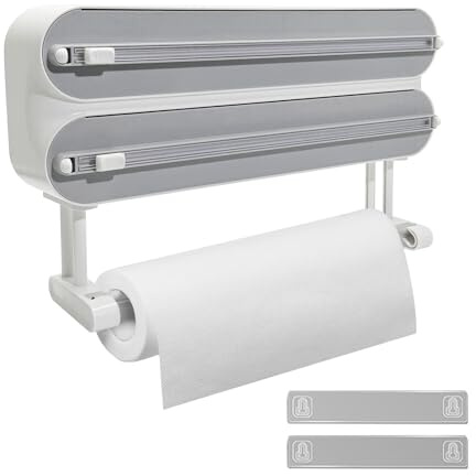 Sejrutx wandrollenhalter küche3-in-1 Aufgerüsteter magnetischer Saugnapf Folienspender，frischhaltefolienspender mit küchenrollen Halter， A Rolle 50M Plastikfolie,weiß