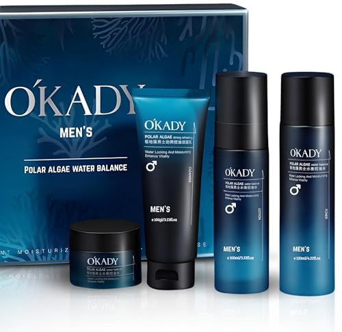 MEN`S KORAL Set de Cuidado Facial para Hombres, Algas Polares, Centella asiática , Balance de Agua, 4 Productos,Loción y Crema Hidratante, Limpiador, Tónico, 100-120ml