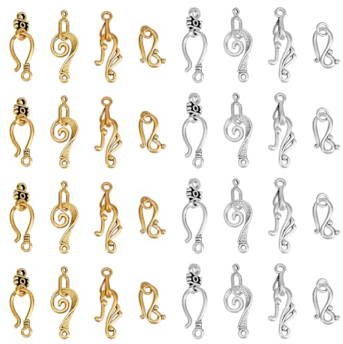 PH PandaHall 120 Sets tibetische S-Haken Ring Toggle Clasps 4 Styles Toggle-Schmuckverschlüsse End Clasps Verbinder Schmuck Verschluss Clasps für Armband Halskette, Antik Silber/Antik Golden
