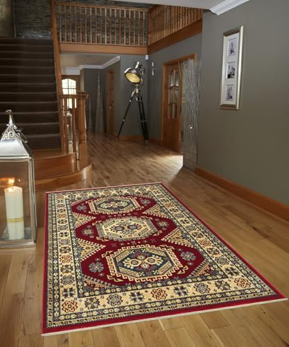 Parure di tappeti KAZAKH 1351 stile orientale persiano colore rosso e oro tris scendiletto (1pz cm.80x150 + 2pz cm.60x120)