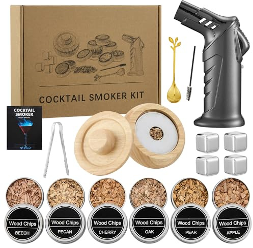 Juego ahumador de cócteles con quemador – Kit de whisky con 6 chips de madera – Accesorios bar, coctelera, regalo original para hombre, papá, marido, amantes del whisky (sin butano)