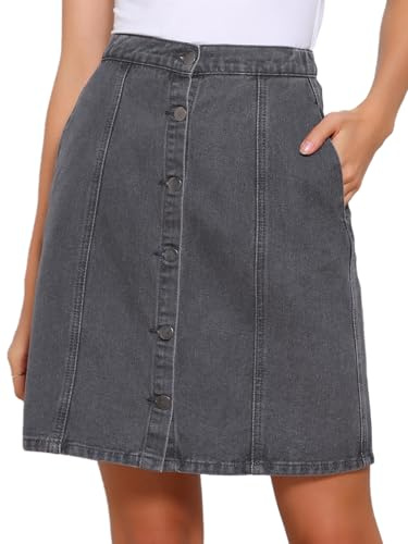 Allegra K Jupe Jean Femme Courte Trapèze Jupe en Denim Décontractée A-Ligne Taille Haute Boutonnée sur Devant Gris Anthracite XL