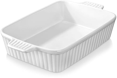 MALACASA Serie BAKE, Fuente Rectangular de Porcelana para Horno de 4200 ml con Rejilla, Fuente Grande para Horno con Asas para Gratinados y Guisos, Apta para Lavavajillas, Color Blanco
