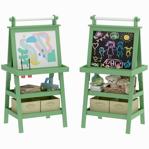 AIYAPLAY Tableau chevalet enfant 3 en 1 tableau double face enfant avec panneau blanc et noir magnétique - rouleau papier + 2 paniers rangement intégrés - 3-6 ans en bois vert