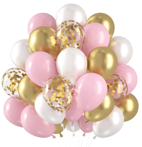 Luftballons Rosa Weiß Gold, 60 Stück Luftballons Geburtstag Rosa, Perlweiß Gold Pink Helium Ballons Konfetti Luftballon Pink Latex Ballons für Mädchen Frauen Geburtstag Hochzeit Babyparty Deko