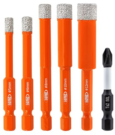 BGTEC Punte Trapano Diamantate 6 pezzi- 5/6/8/10/12MM per Piastrelle, Ceramica, Marmo, Granito, Cemento, Legno, Plastica, Muratura - con punta a cacciavite PH2