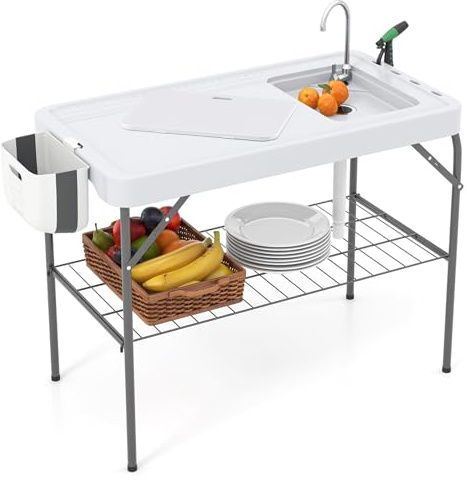 FANTASK Table de Nettoyage Portable pour Poissons, Table de Nettoyage Pliable pour Poissons, lavabo d'extérieur avec évier, étagère en Grillage, Robinet, buse de pulvérisation, Porte-Sac Poubelle et