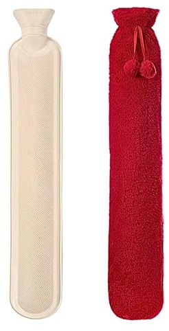 VIROSA 72 x 12 cm Extra Long 2L Hot Water Bottle, Red, Fluffy Plush Cover with Pom Pom Tie – Leakproof Rubber Heat Bag for Neck, Back, Shoulder, Waist, Pain Relief & Winter Warmth
