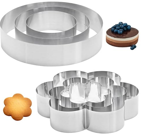 Juego de moldes profesionales de acero inoxidable para tartas, 6 piezas con 3 formas redondas y 3 de flores