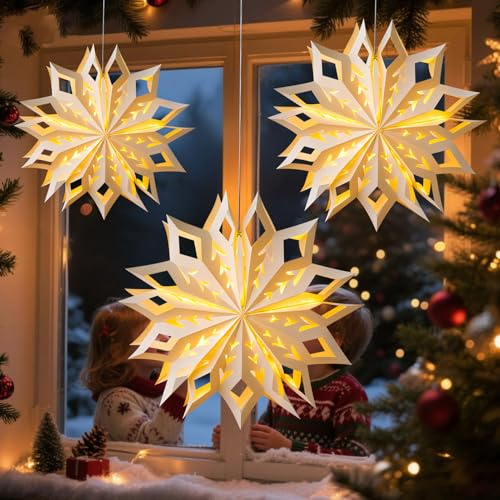 Weihnachtsstern Beleuchtet, 3 Stück LED Weihnachtsdeko Stern Fenster Beleuchtet, Fensterdeko Weihnachten Deko LED Stern Papiersterne zum Aufhängen Weihnachtsbeleuchtung für Weihnachtsdeko Innen (A)