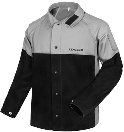 LeaSeek Veste de soudeur avec manches en cuir, combinaison de coton ignifuge et de cuir Veste de protection pour la soudure