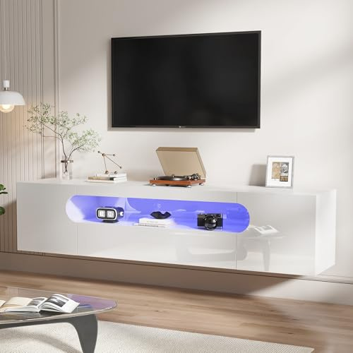 LUXOAK TV Lowboard Hängend 160 cm, Weiß Hochglanz TV Board mit RGB LED Beleuchtung, Schwebendes TV Möbel für 55–75 Zoll Fernseher, Wandmontage TV Schrank mit Stauraum und Kabelführung
