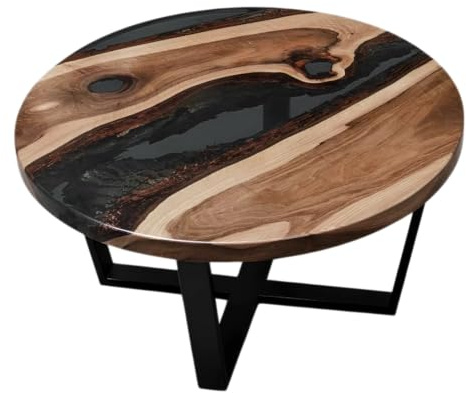 Genérico Mesa de Centro Redonda, Nogal Macizo con Resina Epoxi Negro, Patas de Metal, Diseño Moderno de Lujo, Artesanal (Negro, 60 cm)