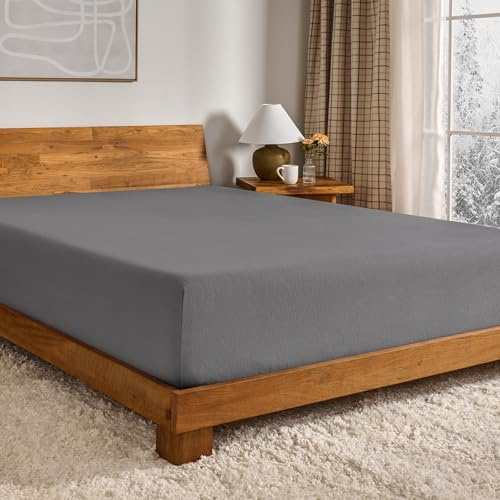 Bare Home Flannel Fitted Bottom Sheet 100% Cotton, Velvety Soft Heavyweight - Double Brushed Flannel - Deep Pocket (Queen, Grey)