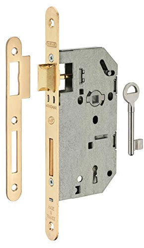 THIRARD - Serrure Encastrable Monomax NF à Clé - Porte de Chambre - Axe 50 mm - Bouts Ronds - Têtière Laitonnée - Coffre Acier Embouti - Mécanisme à 2 Tours - 1 Clé - Jaune/Doré