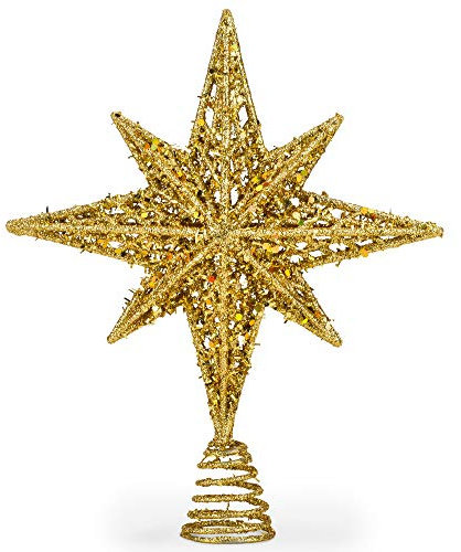 8 Inch Bethlehem Glitter Gold Star Christmas Tree Topper | Tree Toppers | Christmas Star Tree Topper | Rustic Tree Toppers Christmas Decorations | Christmas Tree Topper for 3-6 ft Trees