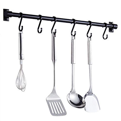 Zeroall Barre Murale Cuisine Ustensiles 40CM Barre Étagère de Cuisine avec 6 Crochets Amovibles, Rack Porte Étagère à Fixation Murale pour Ustensiles de Cuisine(Noir)