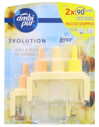 Ambi Pur 3Volution Lufterfrischer, 2 Nachfüllpackungen für elektrischen Diffusor, Duft Gold und Vanilleblüten, Technologie zur Beseitigung von Gerüchen, bis zu 90 Tage Duft pro Nachfüllung