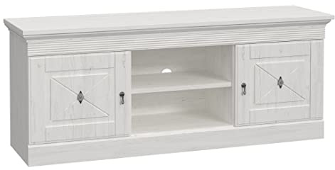 Newroom TV Lowboard 161 cm breit Pinie Weiß Landhaus TV Schrank | 2 Türen mit offenem Mittelfach, Kabeldurchlass, Kassettenfront, Fernsehtisch, Sideboard, Vintage, für Flur und Esszimmer