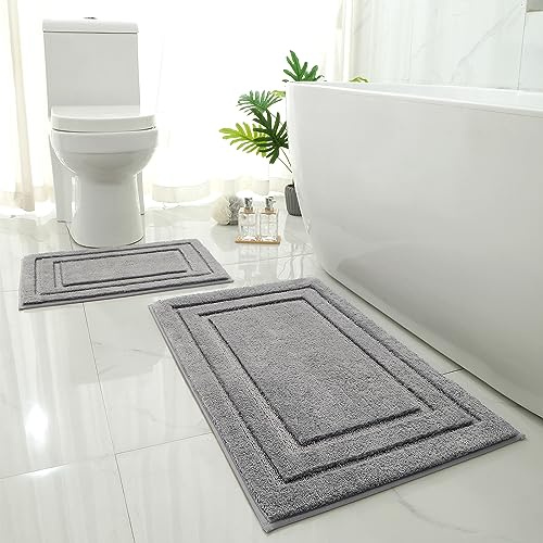 HOMEIDEAS Bathroom Rugs Sets 2 Piece, Super Soft and Absorbent Non Slip Microfiber Machine Washable Bath Mat Set (20 x 32 + 16 x 24, Grey)