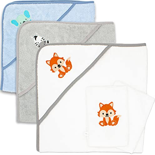 Babykajo Set Accappatoio per Neonati con 2 Guanti da Bagno in Oeko-Tex Standard 100 Certificato, Asciugamano con Cappuccio in Morbida Spugna, Primo Asciugamano con Cappuccio per Bambini 80x80 cm