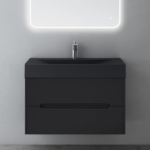 Mai & Mai Badmöbel-Set Waschtisch mit Unterschrank 80cm | Badezimmermöbel mit Softclose Schubladen in Matt Schwarz inkl. Mineralguss Waschbecken und LED-Spiegel Yoga