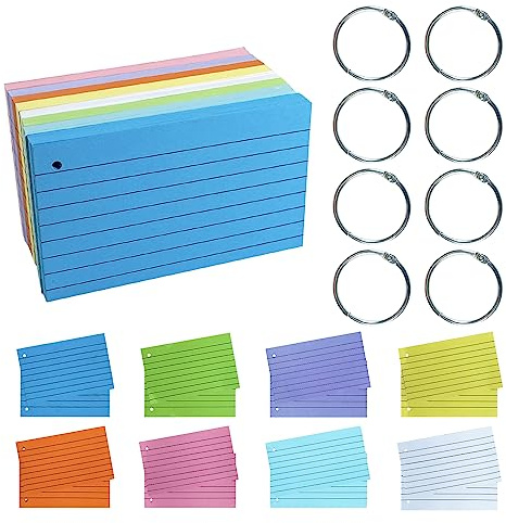 TFLFL Index Paper Cards 3x5 Inch, 300PCS Flash Cards with Rings, Thin Paper 8 Colors Ruled Index Cards, Assorted Lined Colored Flashcards, Study Card Note Cards Memo Pad for Office School