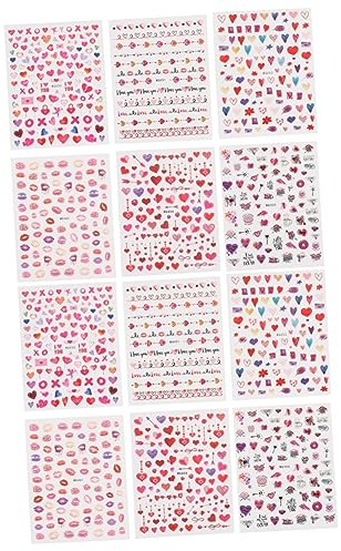 FRCOLOR 12 Blätter Herz-nagel-kunst-aufkleber Mädchenaufkleber Nail-tech-zubehör Valentinstag Dekorationen Nagelabziehbilder Herz Liebe Kuss Valentinstag Diy Nagel Hochzeit 3d Nagelzubehör
