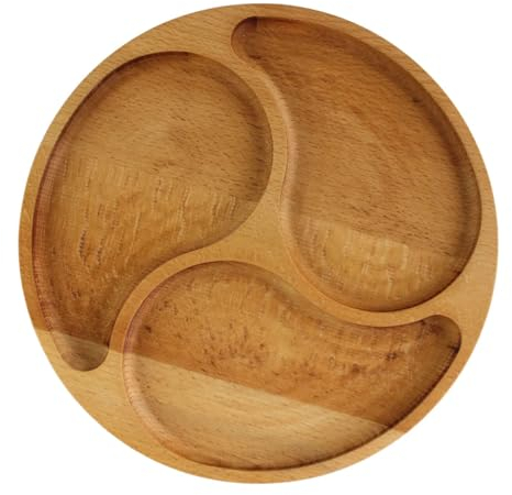 4BIG.fun Piatto da portata Ø 25 cm, in legno naturale con 3 scomparti divisi, piatti da portata di antipasti, formaggi e snack, tagliere in legno per carne e formaggio, tagliere per formaggi,